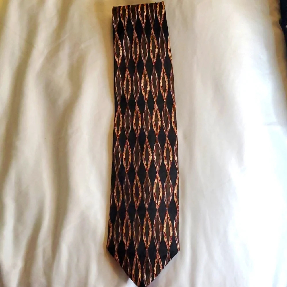XMI Mens 100% Silk Tie, Handmade in USA Black, Browns,Tan,Hints of Grey&Burguny